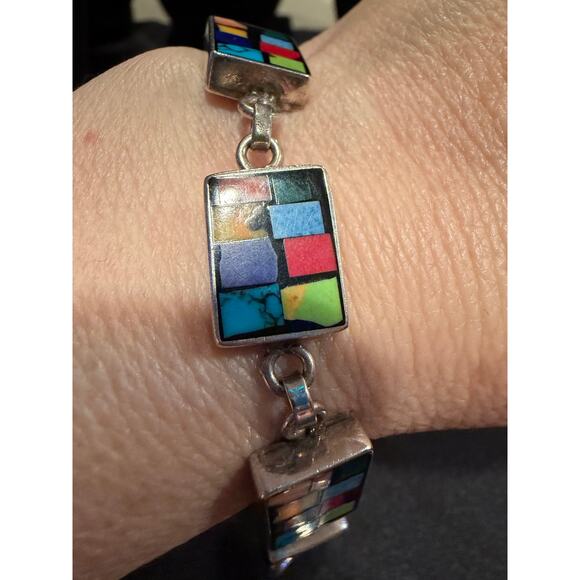 Mexican Sterling Silver 925 ATI Multi-Stone Inlay Mosaic Toggle Bracelet - Picture 2 of 15